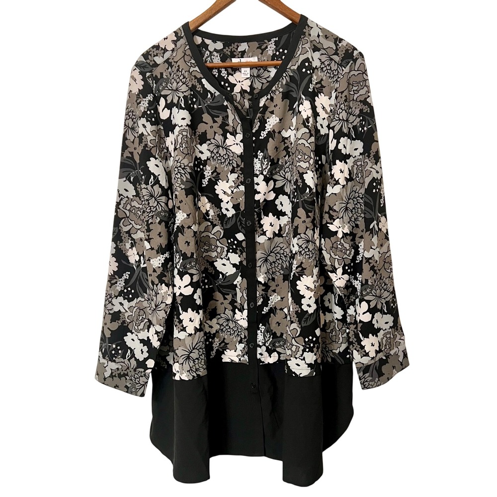 Denim & Company Plus Size 2X‎ Floral Print Long Sleeve Button Front Tunic Top